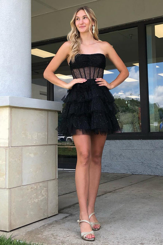 Glitter Black Corset Tiered A-Line Tulle Short Homecoming Dress