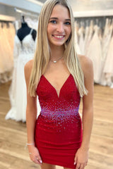 Sparkly Red Sequined Open Back Tight Short Homecoming Dress