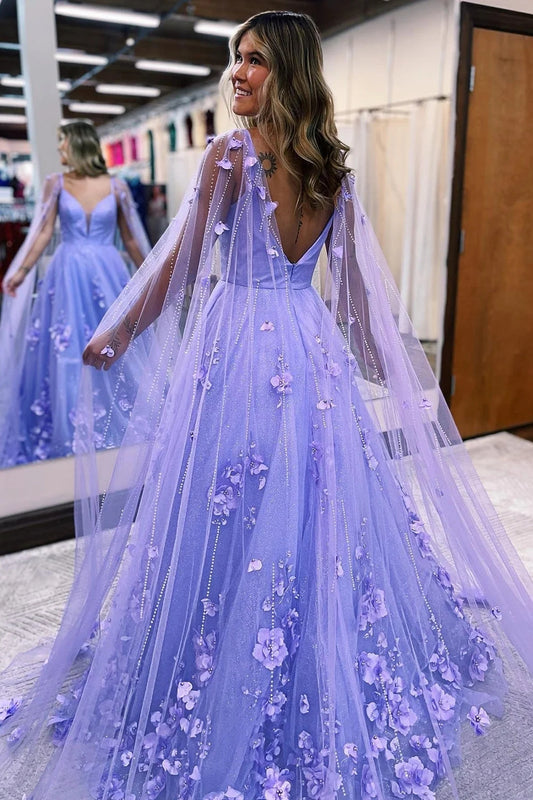 Glitter Purple A-Line Long Prom Dress with 3D Flowers