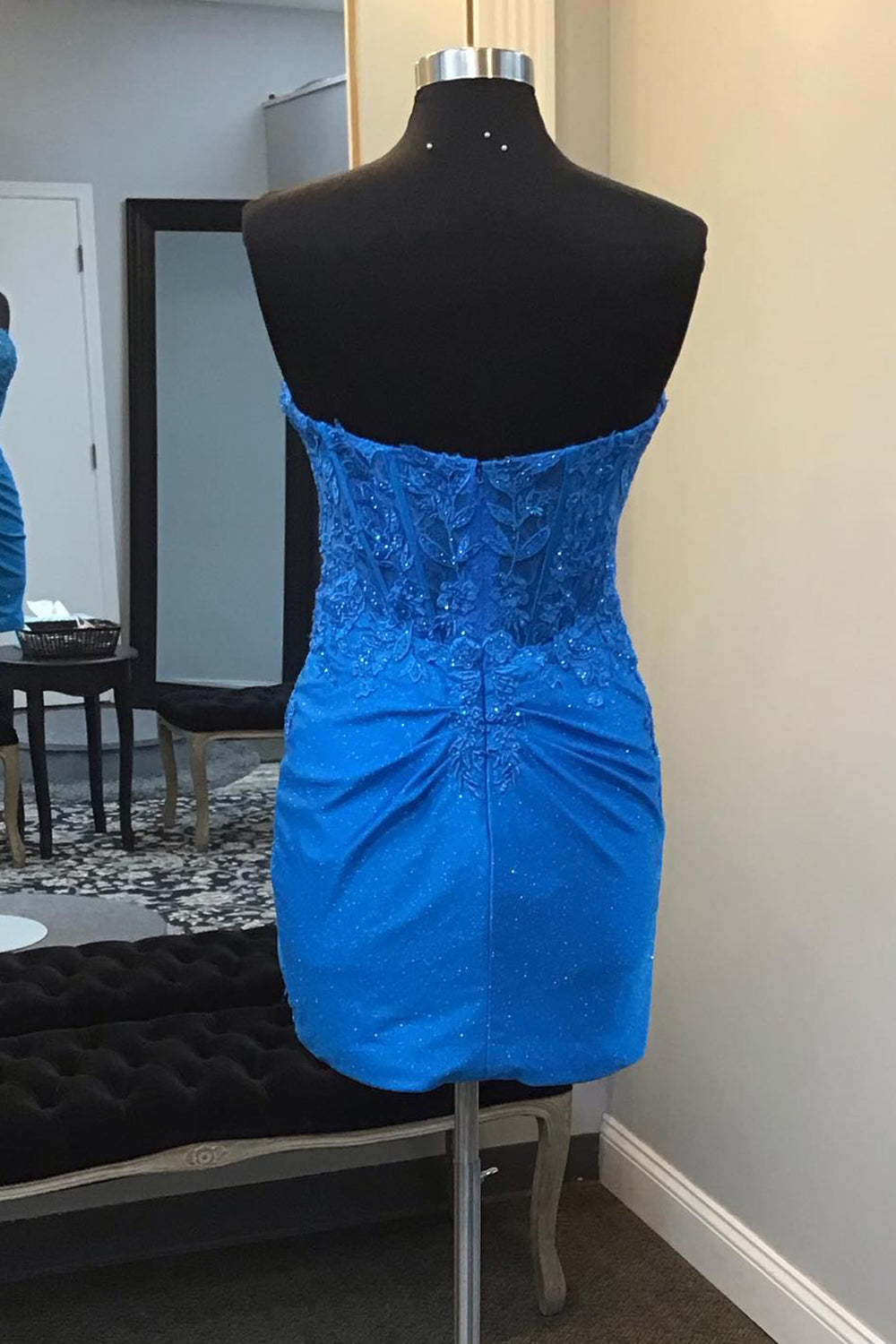 Glitter Royal Blue Corset Tight Short Homecoming Dress with Lace