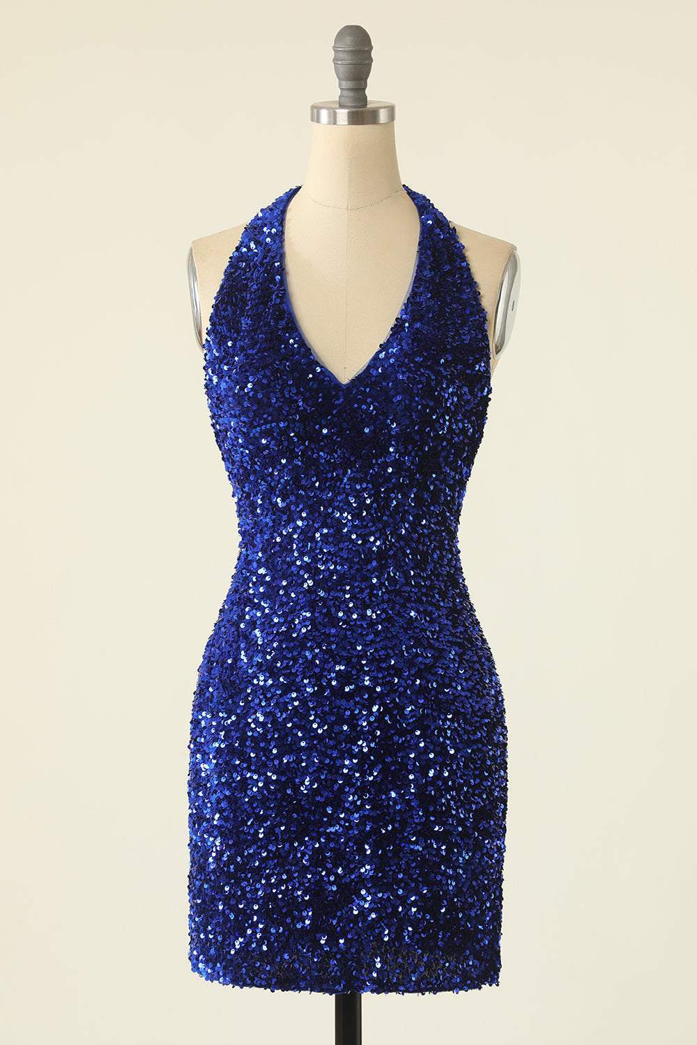 Royal Blue Sequined Halter Neck Cocktail Dress