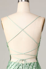 Sheath Spaghetti Straps Green Sequins Short Homecoming Dress with Criss Cross Back