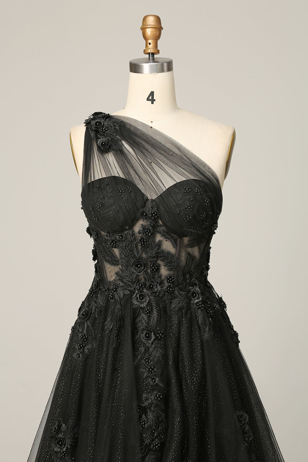 A Line One Shoulder Black Long Prom Dress with Appliques