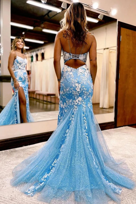 Blue Open Back Mermaid Lace Prom Dress with Slit