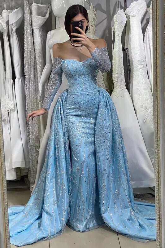 Blue Sequin Long Sleeve Off-The-Shoulder Sweetheart Evening Dress with Long Ruffles and Beads