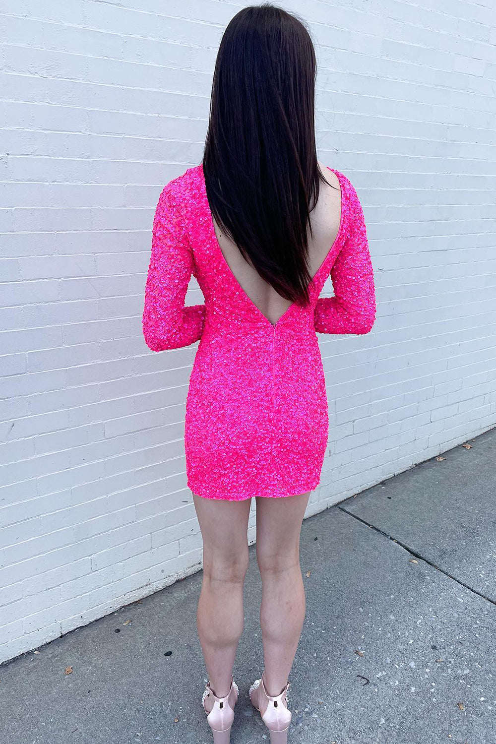 Sparkly Fuchsia Long Sleeves Tight Short Sequins Homecoming Dress