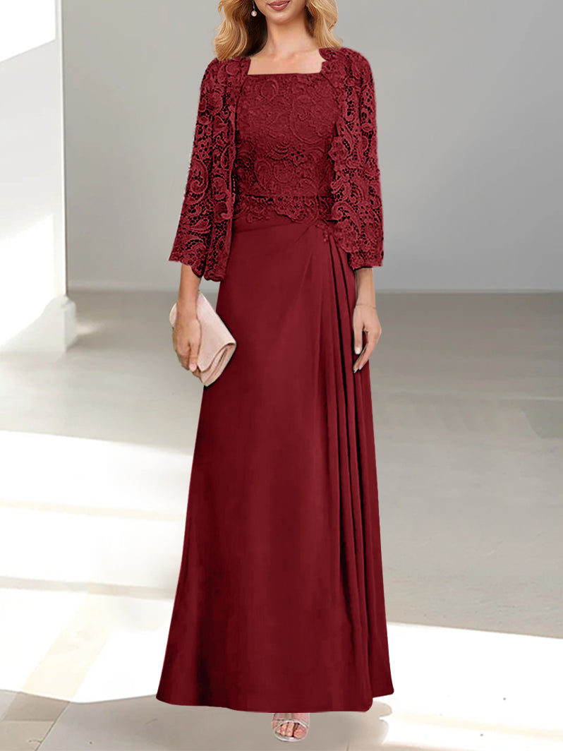 2 A Line Scoop Mother of the Bride Dresses with Pleated & Lace Appliques Long