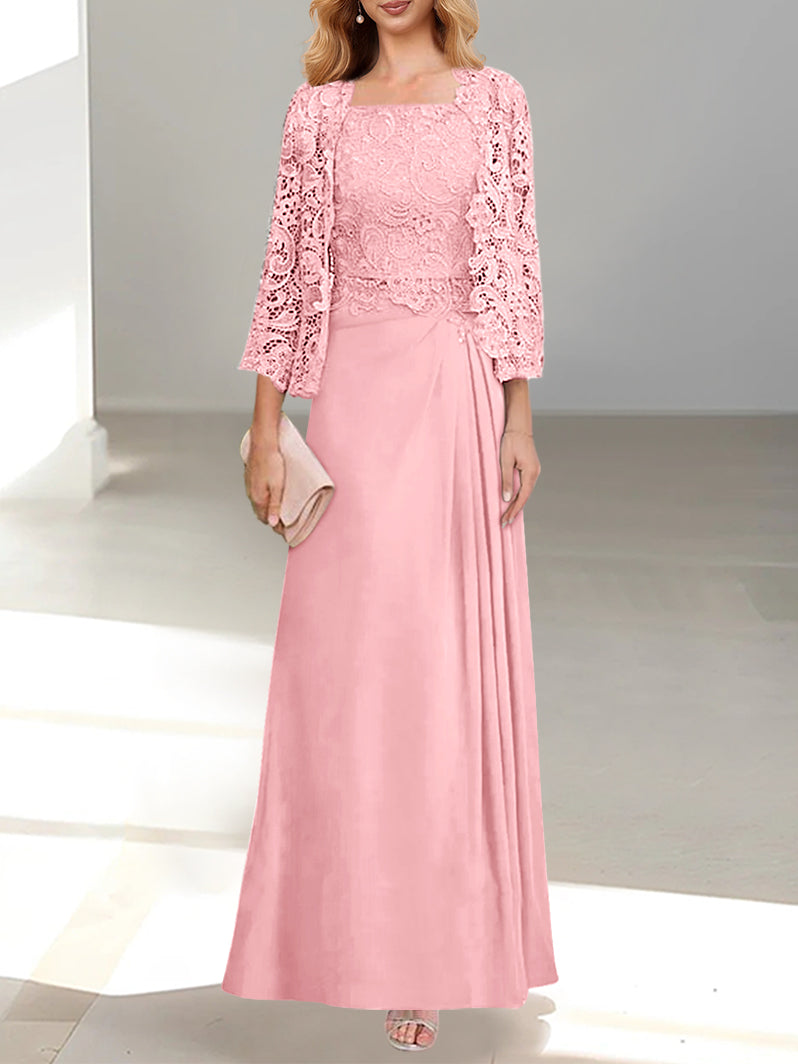 2 A Line Scoop Mother of the Bride Dresses with Pleated & Lace Appliques Long