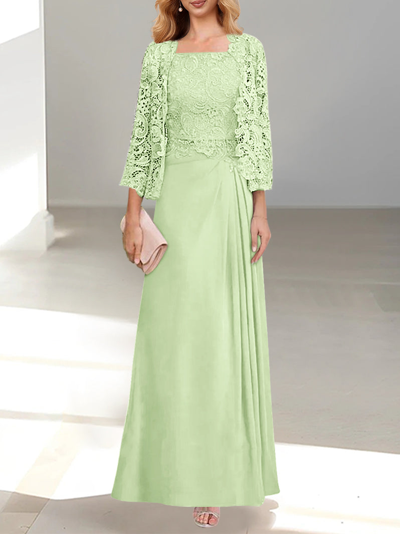 2 A Line Scoop Mother of the Bride Dresses with Pleated & Lace Appliques Long