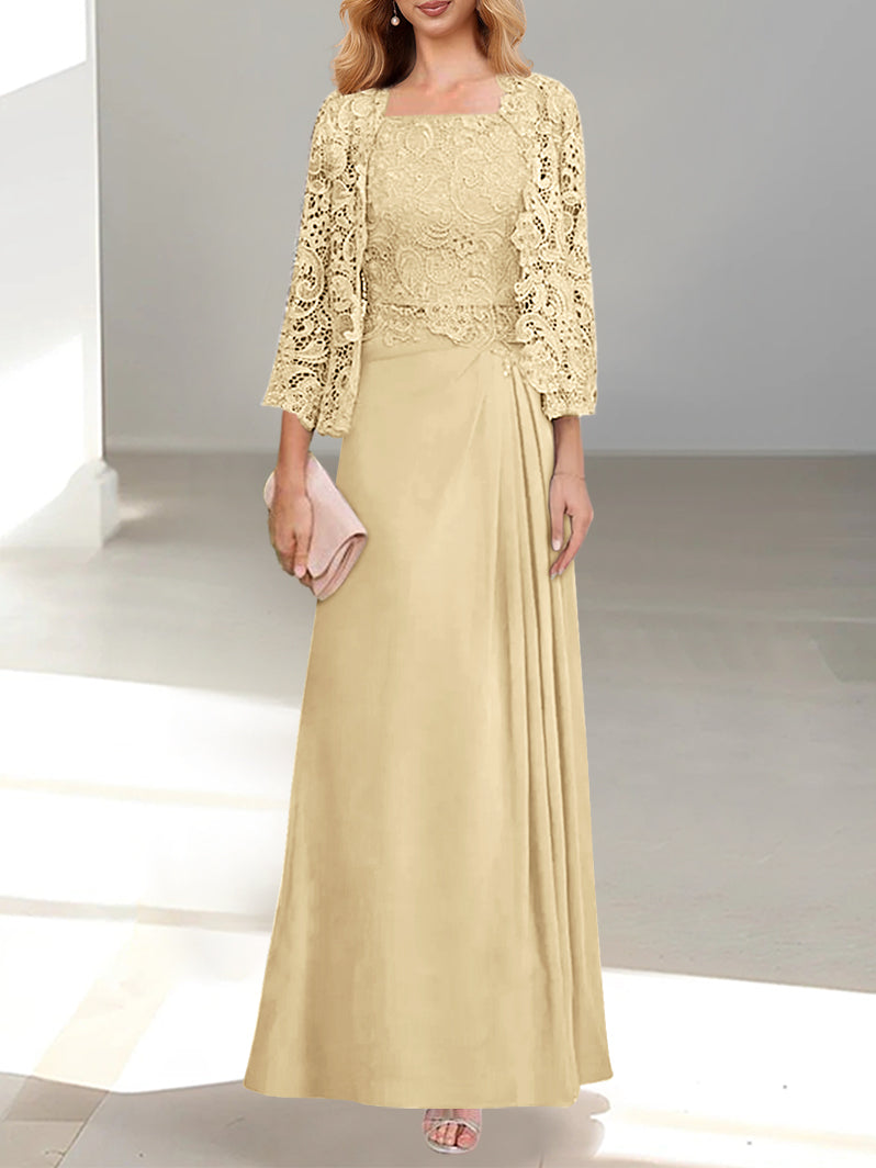 2 A Line Scoop Mother of the Bride Dresses with Pleated & Lace Appliques Long