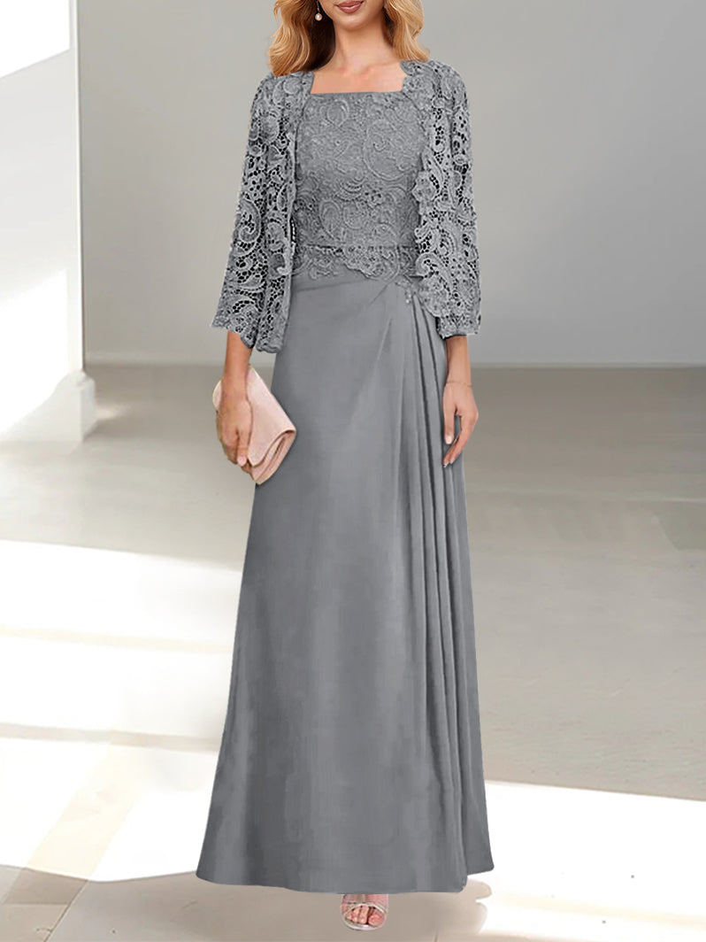 2 A Line Scoop Mother of the Bride Dresses with Pleated & Lace Appliques Long