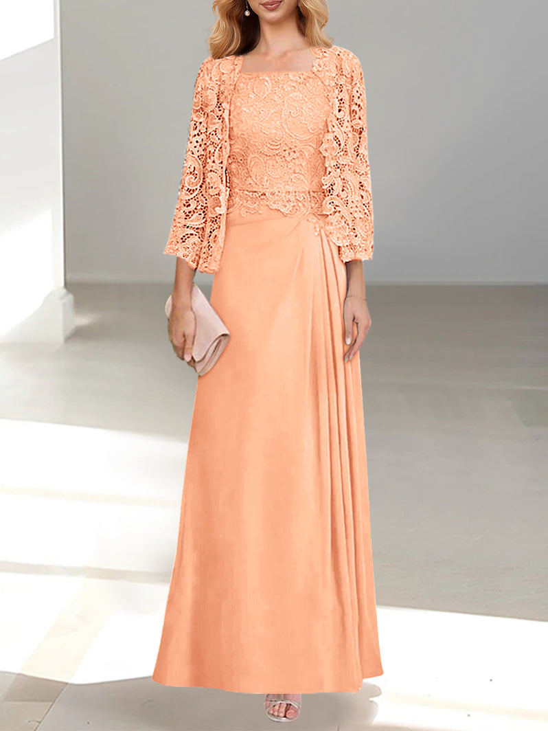 2 A Line Scoop Mother of the Bride Dresses with Pleated & Lace Appliques Long