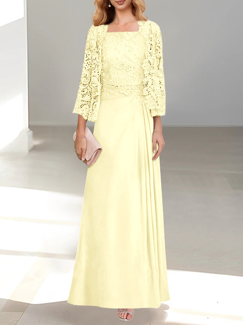 2 A Line Scoop Mother of the Bride Dresses with Pleated & Lace Appliques Long