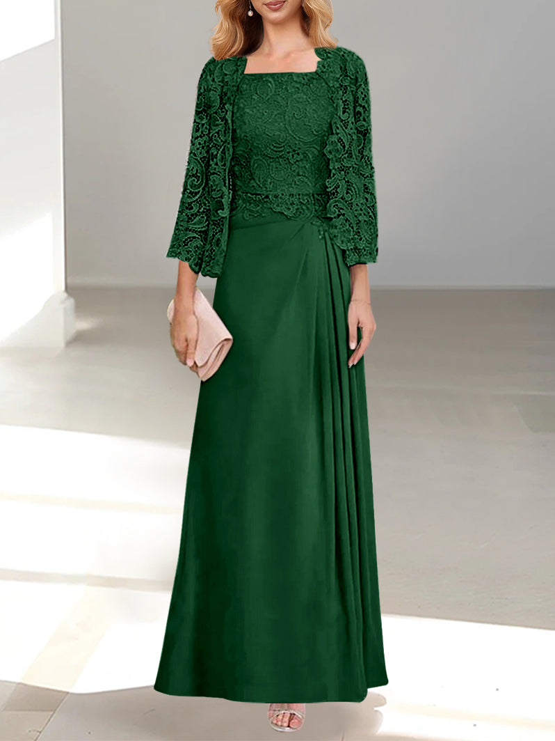 2 A Line Scoop Mother of the Bride Dresses with Pleated & Lace Appliques Long