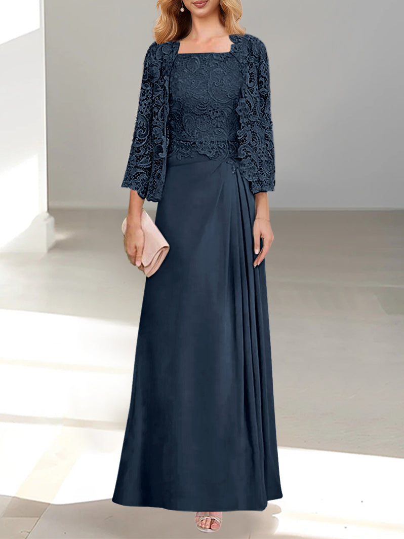 2 A Line Scoop Mother of the Bride Dresses with Pleated & Lace Appliques Long
