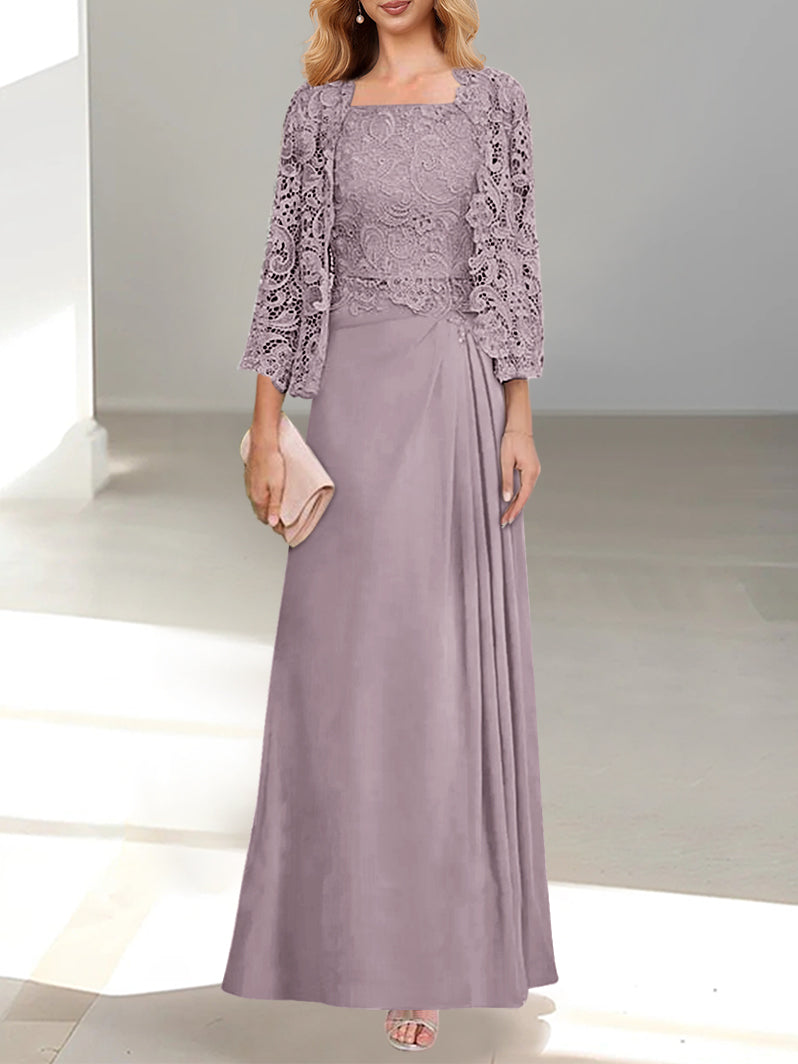 2 A Line Scoop Mother of the Bride Dresses with Pleated & Lace Appliques Long