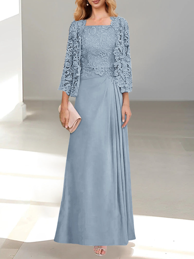 2 A Line Scoop Mother of the Bride Dresses with Pleated & Lace Appliques Long