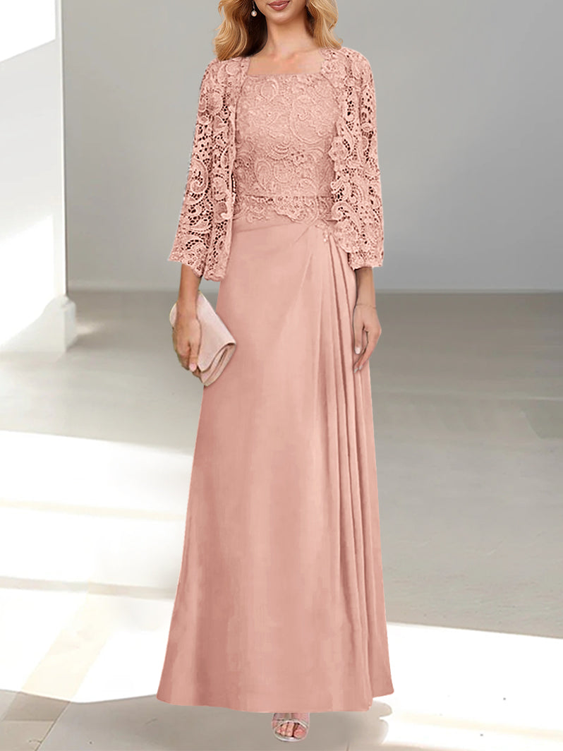 2 A Line Scoop Mother of the Bride Dresses with Pleated & Lace Appliques Long