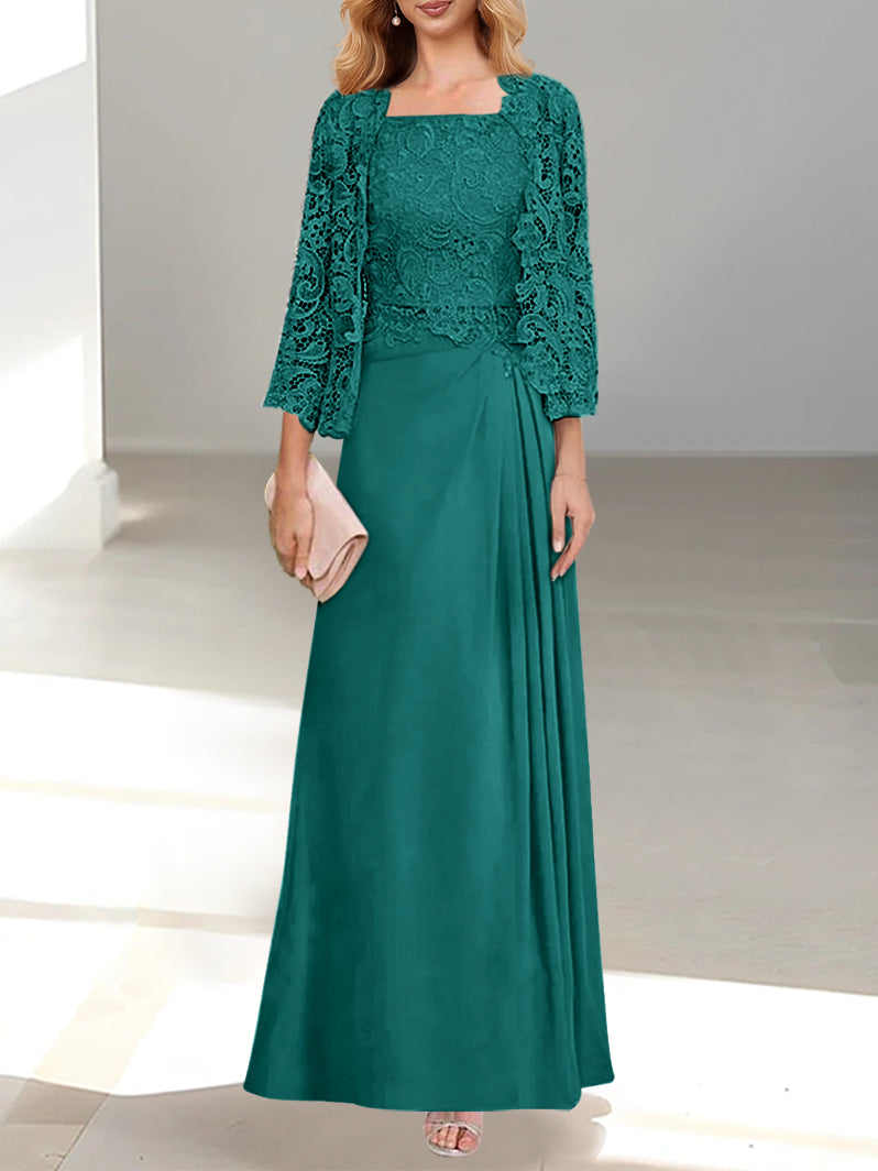 2 A Line Scoop Mother of the Bride Dresses with Pleated & Lace Appliques Long