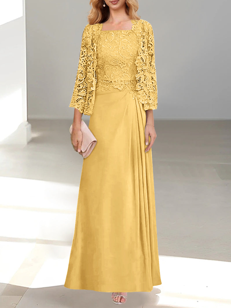 2 A Line Scoop Mother of the Bride Dresses with Pleated & Lace Appliques Long