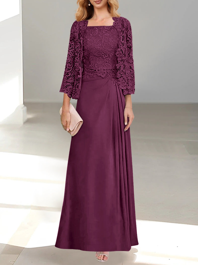 2 A Line Scoop Mother of the Bride Dresses with Pleated & Lace Appliques Long