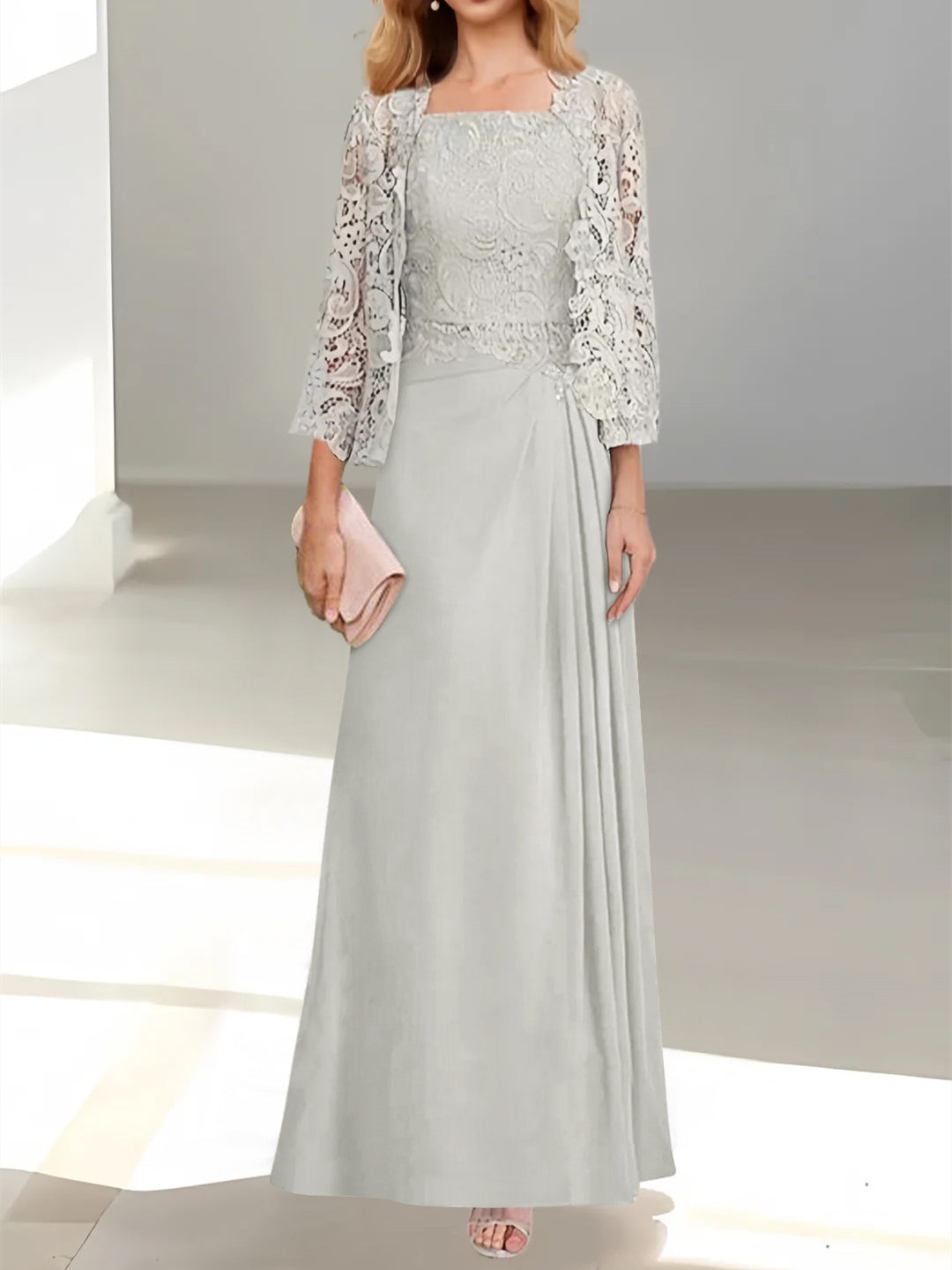 2 A Line Scoop Mother of the Bride Dresses with Pleated & Lace Appliques Long