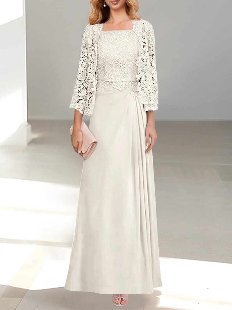 2 A Line Scoop Mother of the Bride Dresses with Pleated & Lace Appliques Long