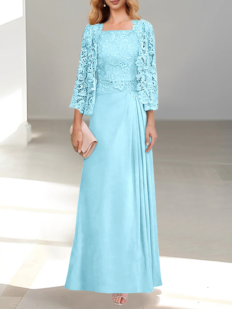 2 A Line Scoop Mother of the Bride Dresses with Pleated & Lace Appliques Long