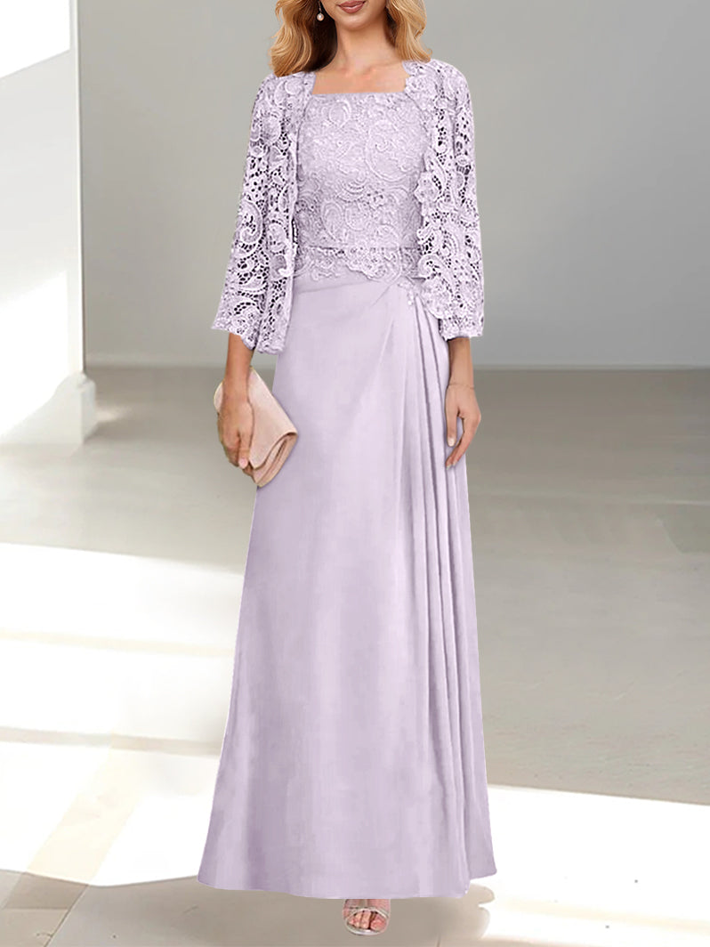 2 A Line Scoop Mother of the Bride Dresses with Pleated & Lace Appliques Long