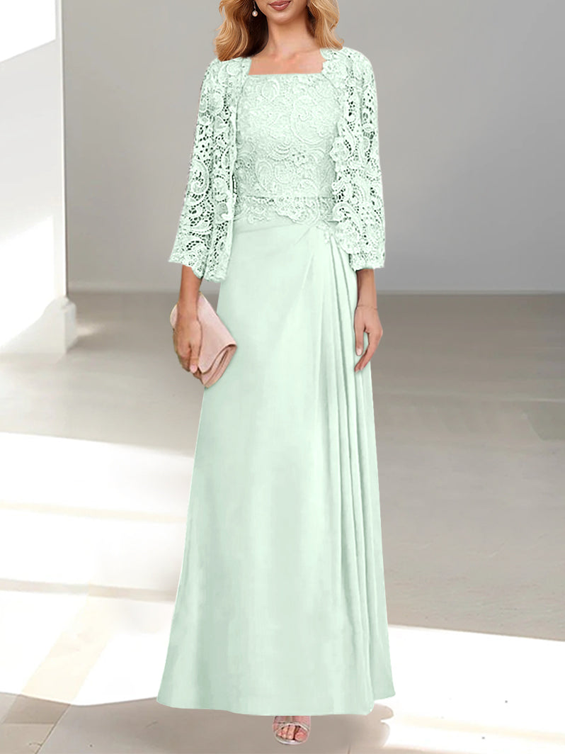 2 A Line Scoop Mother of the Bride Dresses with Pleated & Lace Appliques Long