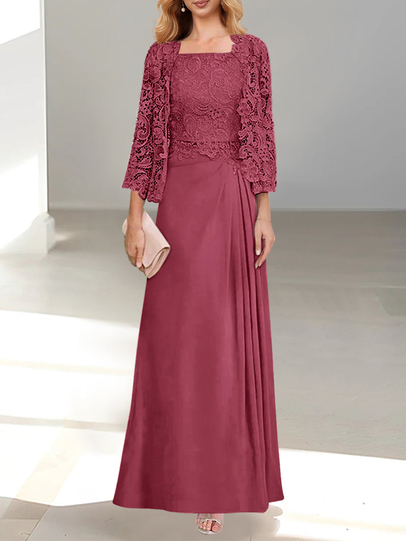 2 A Line Scoop Mother of the Bride Dresses with Pleated & Lace Appliques Long