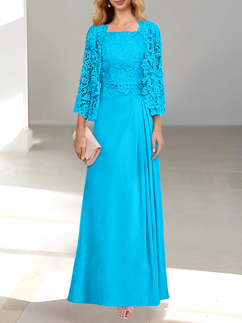 2 A Line Scoop Mother of the Bride Dresses with Pleated & Lace Appliques Long