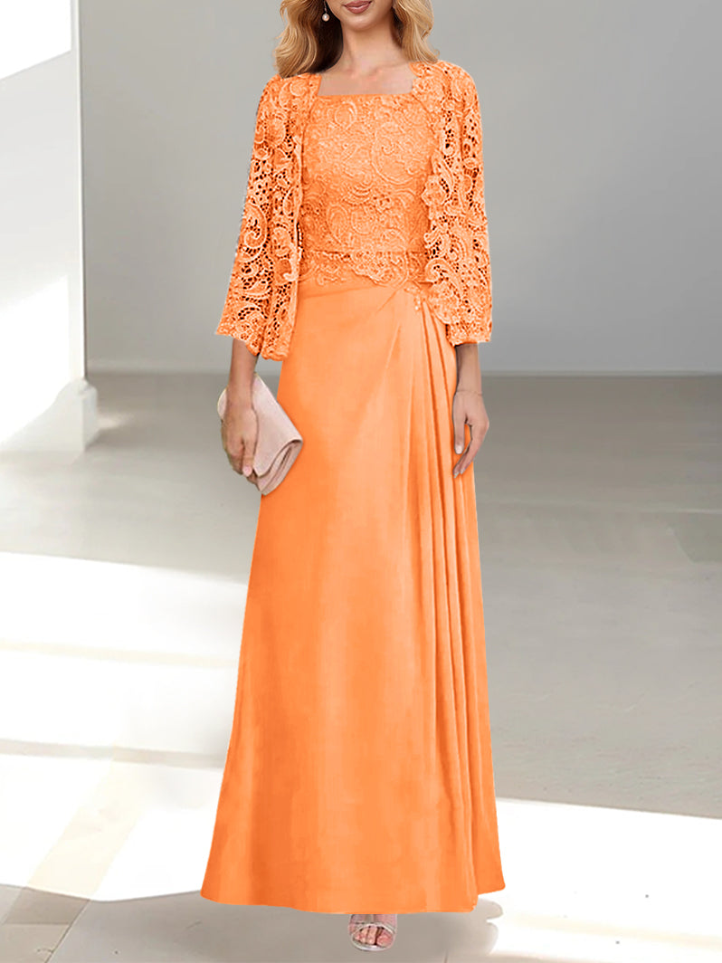 2 A Line Scoop Mother of the Bride Dresses with Pleated & Lace Appliques Long