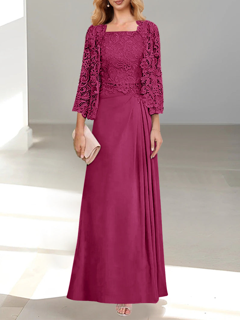 2 A Line Scoop Mother of the Bride Dresses with Pleated & Lace Appliques Long