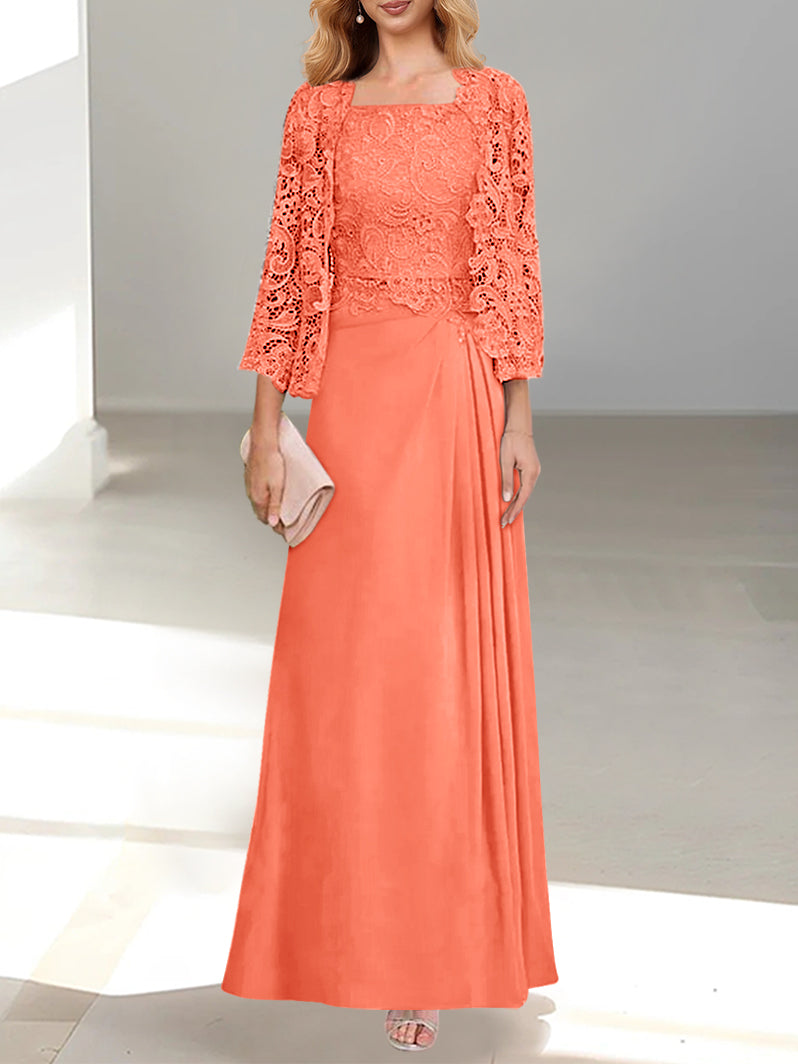 2 A Line Scoop Mother of the Bride Dresses with Pleated & Lace Appliques Long