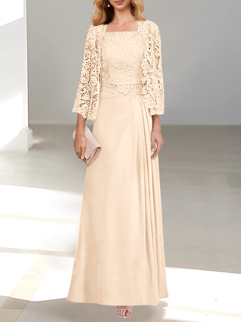 2 A Line Scoop Mother of the Bride Dresses with Pleated & Lace Appliques Long