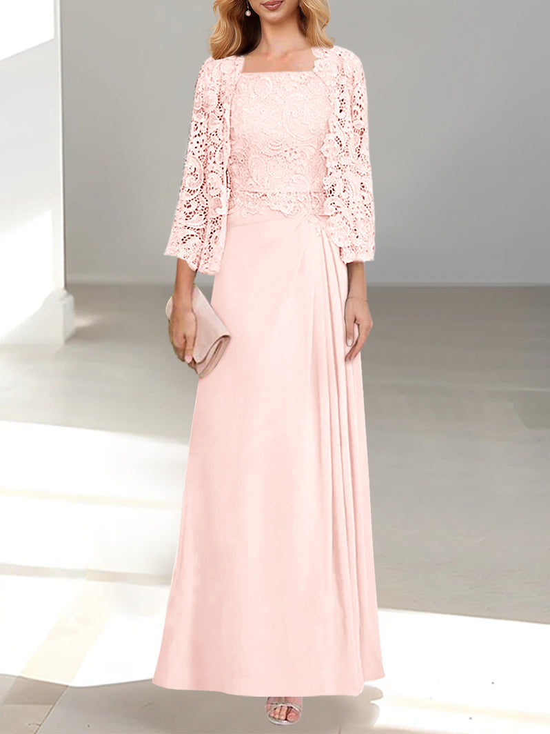 2 A Line Scoop Mother of the Bride Dresses with Pleated & Lace Appliques Long