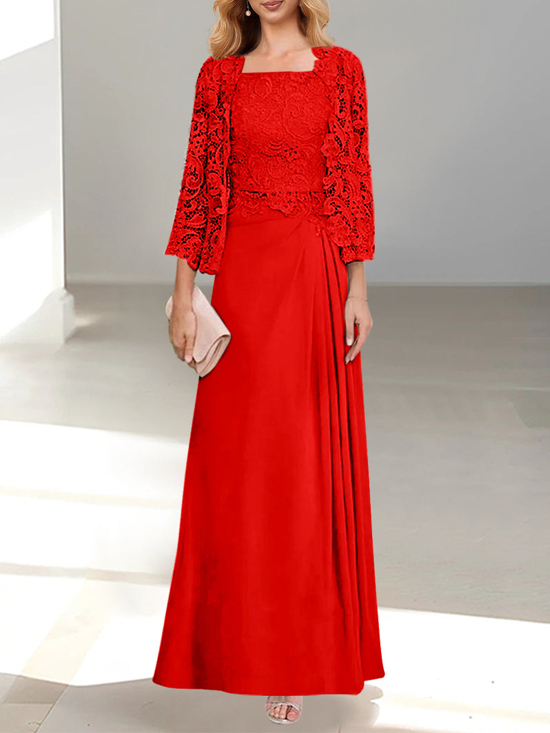 2 A Line Scoop Mother of the Bride Dresses with Pleated & Lace Appliques Long