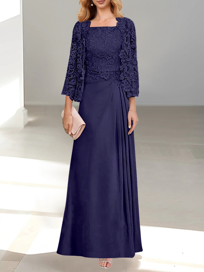 2 A Line Scoop Mother of the Bride Dresses with Pleated & Lace Appliques Long