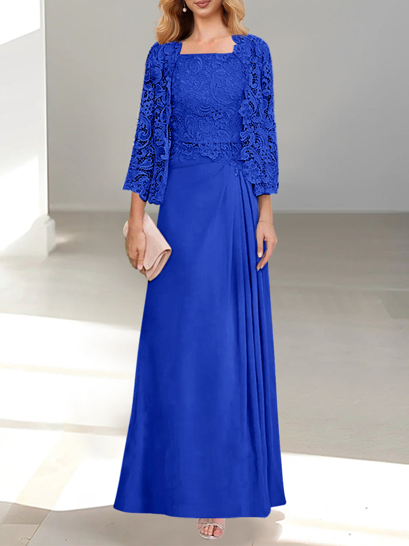 2 A Line Scoop Mother of the Bride Dresses with Pleated & Lace Appliques Long