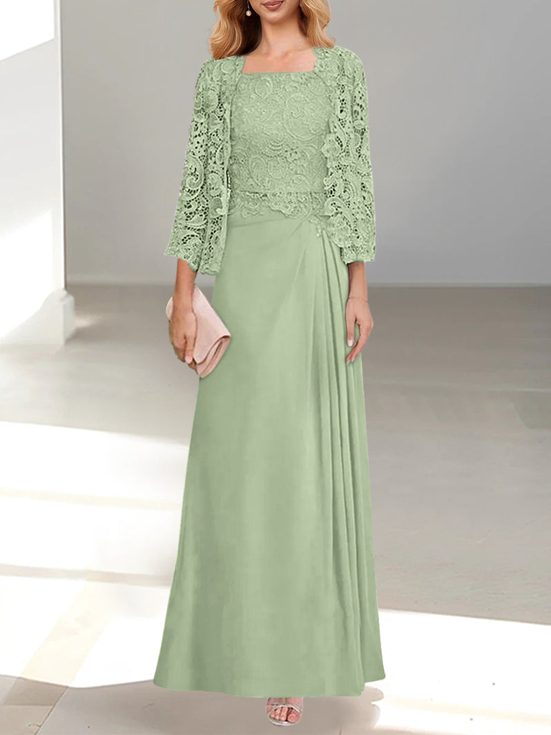 2 A Line Scoop Mother of the Bride Dresses with Pleated & Lace Appliques Long