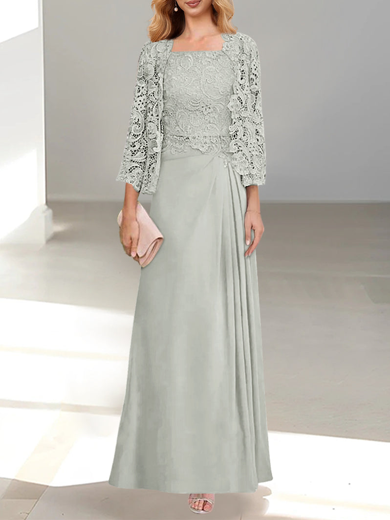 2 A Line Scoop Mother of the Bride Dresses with Pleated & Lace Appliques Long