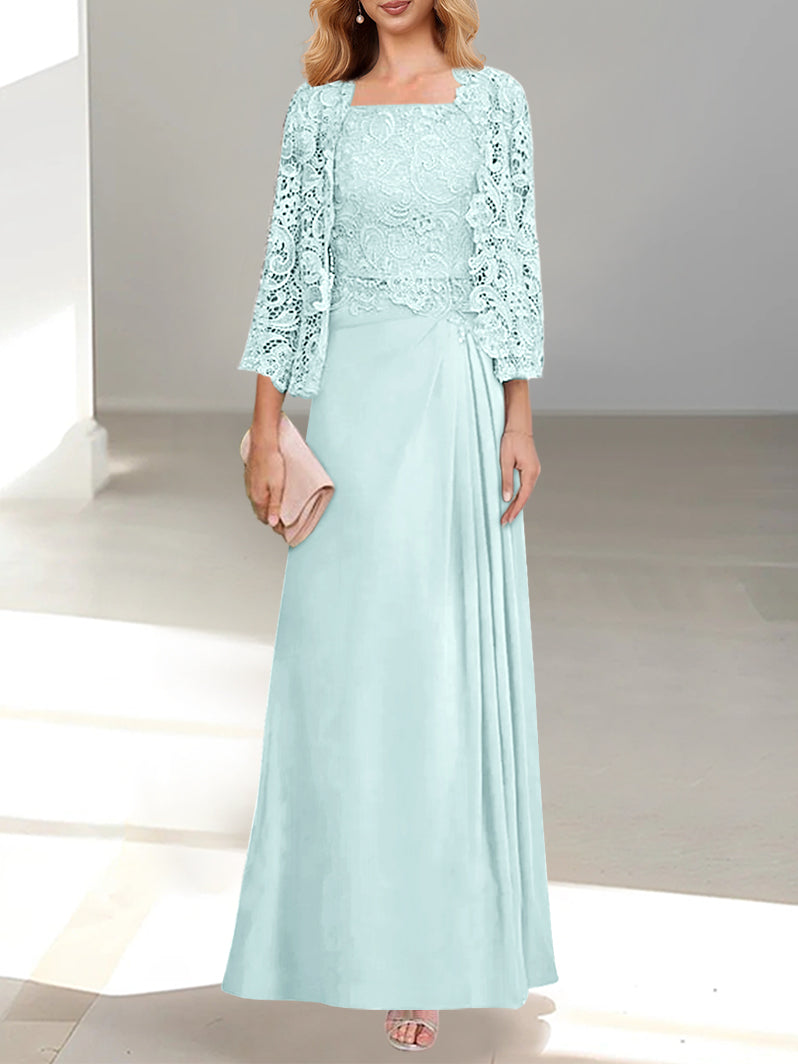 2 A Line Scoop Mother of the Bride Dresses with Pleated & Lace Appliques Long