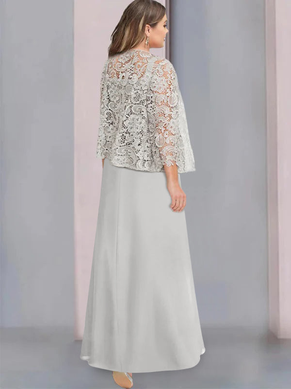 2 A Line Scoop Mother of the Bride Dresses with Pleated & Lace Appliques Long