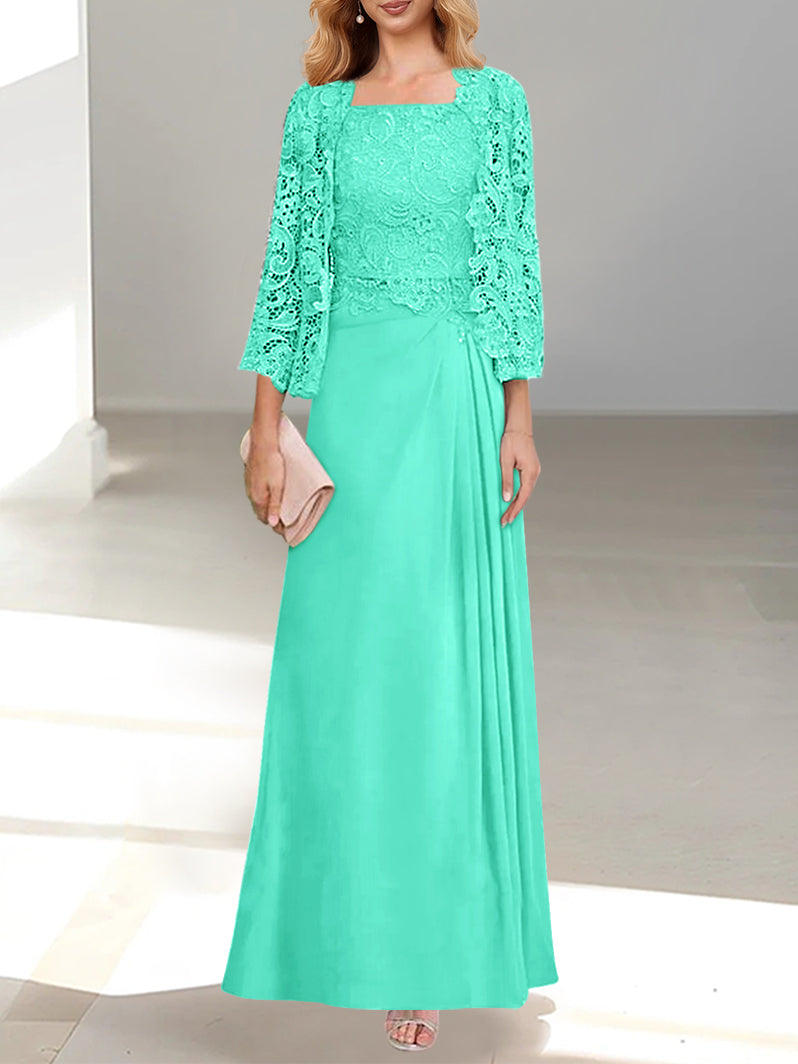 2 A Line Scoop Mother of the Bride Dresses with Pleated & Lace Appliques Long