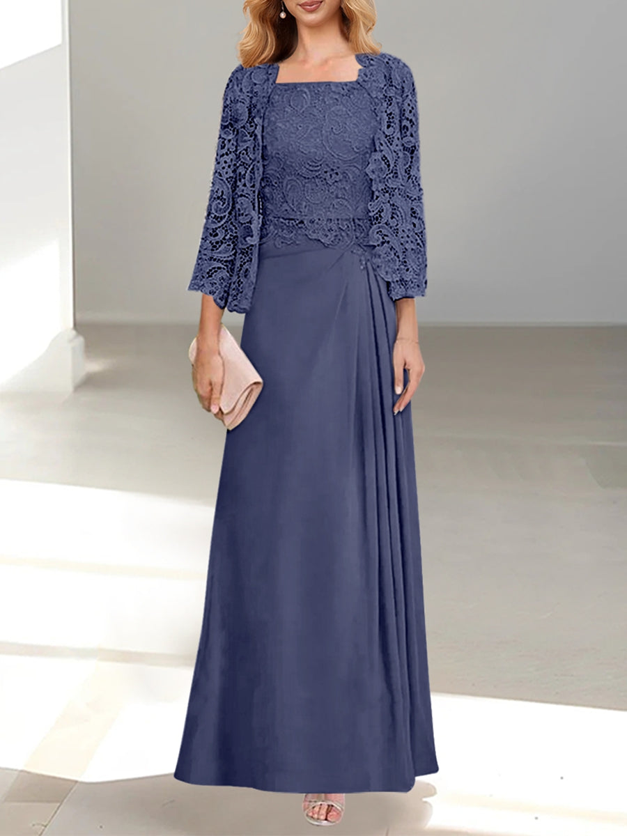 2 A Line Scoop Mother of the Bride Dresses with Pleated & Lace Appliques Long