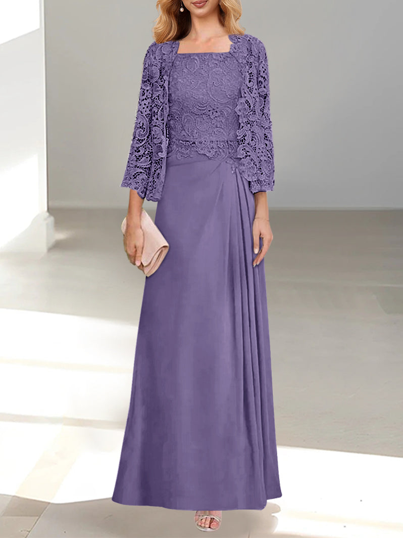 2 A Line Scoop Mother of the Bride Dresses with Pleated & Lace Appliques Long