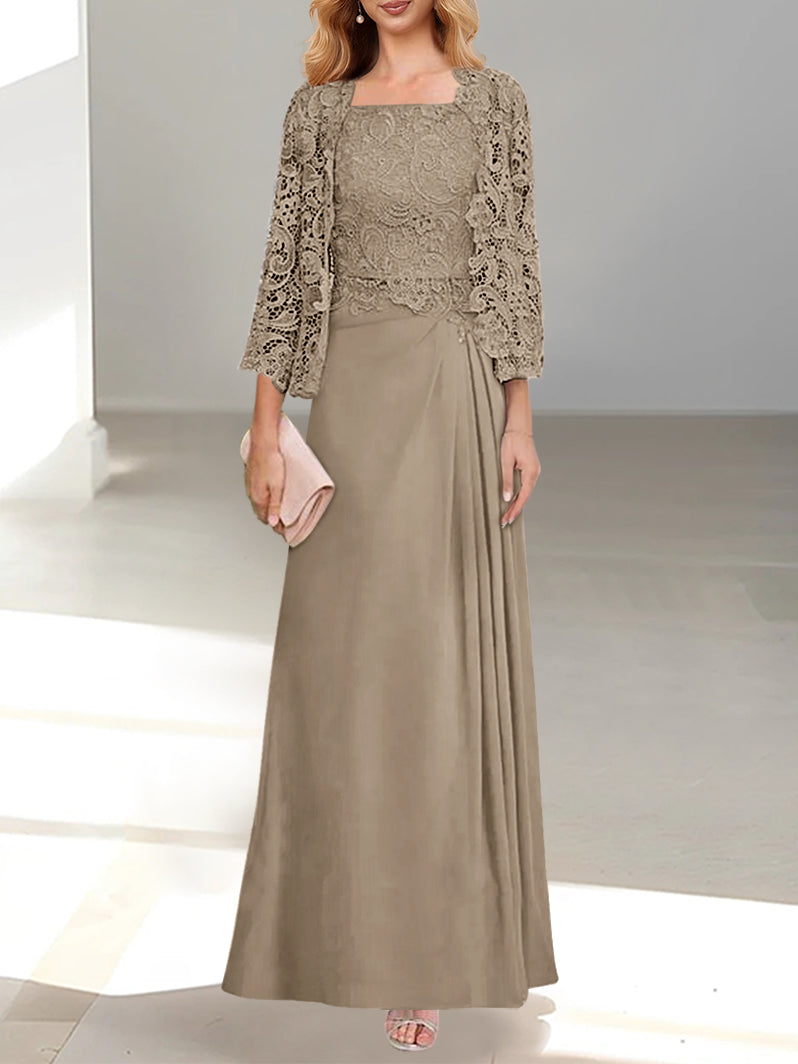 2 A Line Scoop Mother of the Bride Dresses with Pleated & Lace Appliques Long