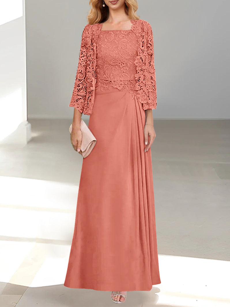2 A Line Scoop Mother of the Bride Dresses with Pleated & Lace Appliques Long
