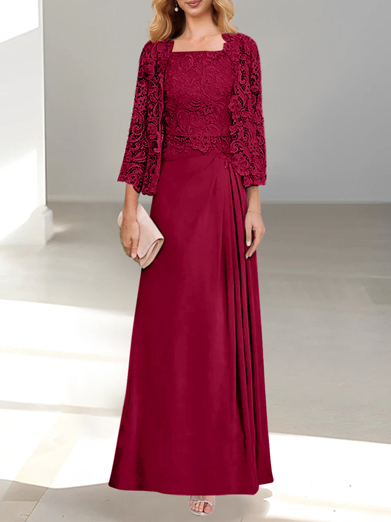 2 A Line Scoop Mother of the Bride Dresses with Pleated & Lace Appliques Long